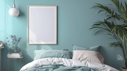 Frame mockup with a teal sofa against a concrete wall in a modern living room. Perfect for showcasing artwork or photos in stock photo platforms.