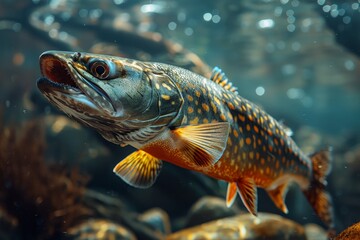 Naklejka premium Pike fish lurking in murky waters, depicting freshwater predators. 