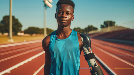 Disabled Confident African American Man Athlete with Prosthetic Arm Standing on Track Field. Generative ai