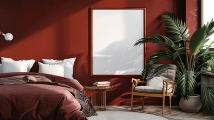 Frame mockup with a red sofa against a concrete wall in a modern living room. Perfect for showcasing artwork or photos in stock photo platforms.