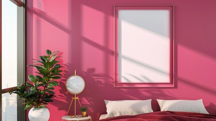 Frame mockup with a coral pink sofa against a concrete wall in a modern living room. Perfect for showcasing artwork or photos in stock photo platforms.