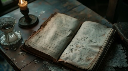 A vintage journal lies open on an aged wooden desk, illuminated by the warm glow of a single...