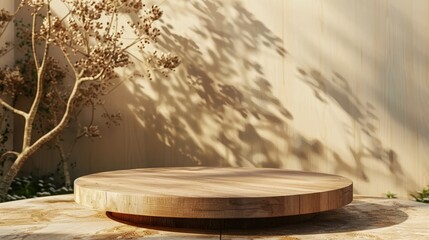 Fototapeta premium Round wooden podium for beauty product exhibitions, selective focus on the warmth of wood, realistic, Multilayer, serene mockup environment backdrop