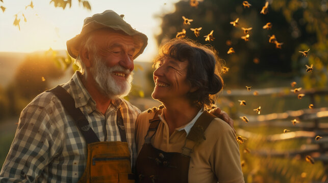 A happy elderly married couple at work with bees in an apiary at sunset. A man and a woman smile at each other in a field