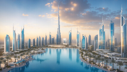 A cluster of modern skyscrapers of reflective glass and steel tower over a city. There is a body of water in front of the buildings with small white boats docked along a promenade.

