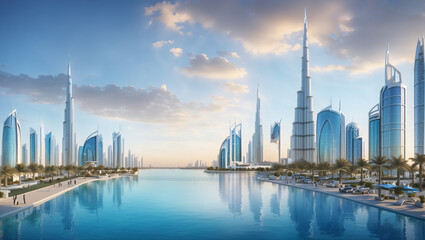 Obraz premium A cluster of modern skyscrapers of reflective glass and steel tower over a city. There is a body of water in front of the buildings with small white boats docked along a promenade.