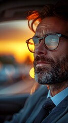 Fototapeta premium Confident Business Executive Working in Car at Sunset