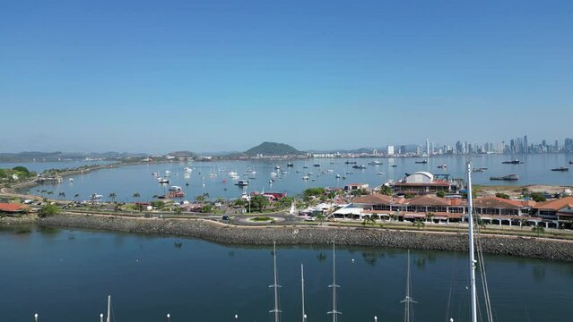 Drone shot of the Panam Coast full of ships.