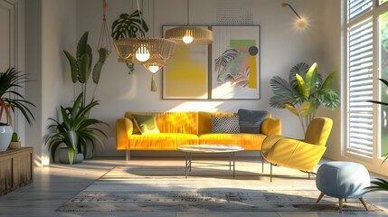 Living room with modern interior, bold and bright, with statement lighting fixtures