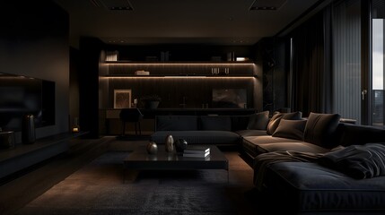 Living room with modern interior, dark and moody, with sleek black furniture and dim lighting
