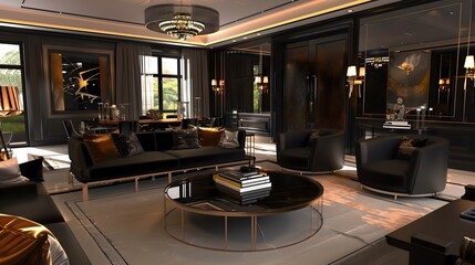 Living room with modern interior design, sleek black furniture, and metallic accents