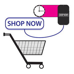 Shop now button with Mobile design cart. Shop now. Modern collection for web site. Online shopping. Click here, apply, buttons hand pointer clicking. Web design elements. Vector and illustration.
