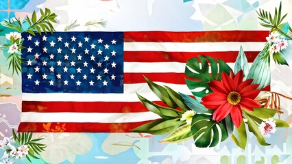 Hawaiian style us american flag leaves flowers painting wallpaper backdrop