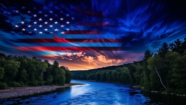 American flag in dramatic night sky over forest river