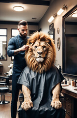 cool-looking Anthropomorphic lion in a barbershop, receiving a stylish haircut. setting in a professional hair salon.