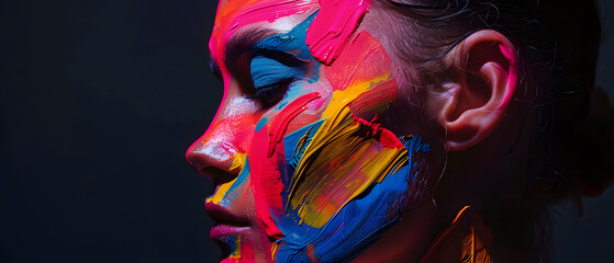 A breathtaking fashion photo shoot featuring makeup that converts the model's face into a vivid masterpiece of striking colors and geometric shapes.