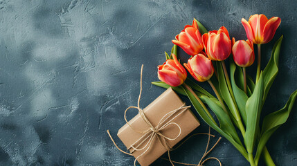 Blank greeting card gift and beautiful tulip flowers 