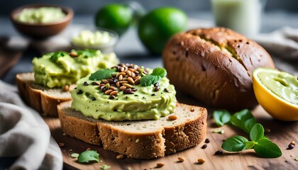 Whole wheat bread with avocado butter, seeds and pepper, with herbs and little juice from lime
