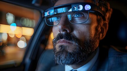 Businessman Utilizing Augmented Reality Glasses While Commuting at Night