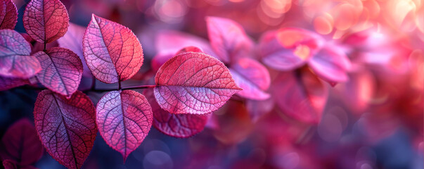 Close-up of vivid crimson leaves with a blurred bokeh background, highlighting the detailed textures and vibrant colors.