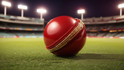 A red cricket ball with a shiny surface and stitching is sitting on a grass field with a stadium in the background.

