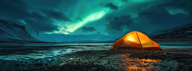A glowing yellow camping tent under a beautiful green northern lights aurora. Travel adventure...