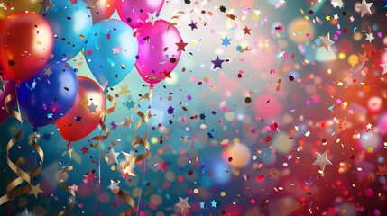 Vibrant Balloons And Golden Star Confetti On Colorful Gradient Background Perfect For Party, Celebration And Festive Design