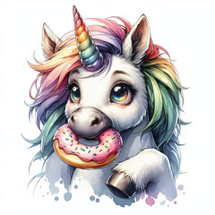 Cartoon Unicorn with Rainbow Mane and Pretty Expression Holding Pink Donut with Sprinkles Clipart