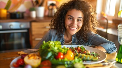 Woman enjoy a meal of fresh vegetables and green salad. diet concept