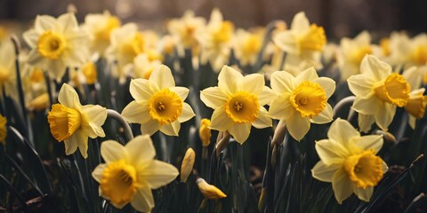 close-up of delicate daffodils swaying in the breeze.