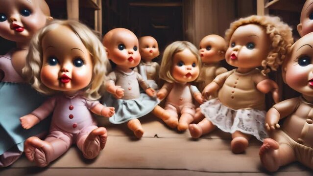 A dimly lit hallway is filled with rows of creepy dolls, their blank stares and identical appearances creating an unsettling atmosphere. 