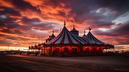 Circus Tent under a Warm Sunset Sky with Dramatic Clouds at Dusk
