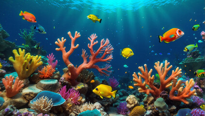 A variety of colorful fish are swimming around a coral reef.

