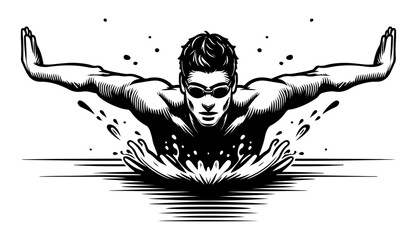 A detailed black and white illustration of a swimmer executing a butterfly stroke. This image captures the strength and precision of competitive swimming, ideal for sports and fitness themes.
