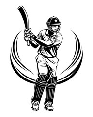 A striking black and white illustration of a cricket batsman swinging his bat. Perfect for themes related to sports, cricket, and athletic performance.