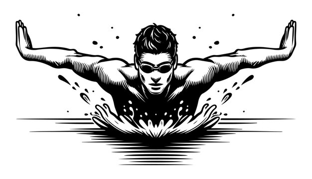 A detailed black and white illustration of a swimmer executing a butterfly stroke. This image captures the strength and precision of competitive swimming, ideal for sports and fitness themes.