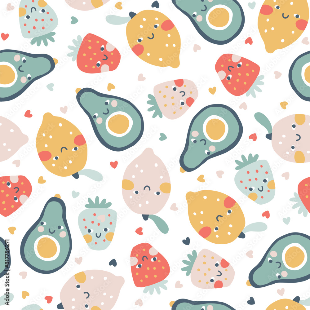 Wall mural Tropical Fruit seamless pattern. Vector cartoon childich background with cute smiling fruit characters in simple hand-drawn style. Pastel colors on a white background with polka dots hearts.