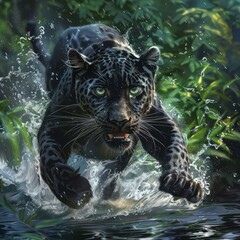A black leopard runs through the jungle river, with water splashing around its body and green foliage in the background.