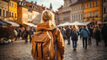 Young Female Traveler Exploring European City with Backpack and Camera