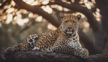 Portrait of a leopard lying in a tree at dusk
