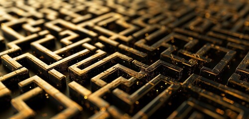 Abstract background, 3D geometric lines in shimmering metallic gold,  against black backdrop to create a mesmerizing maze-like pattern