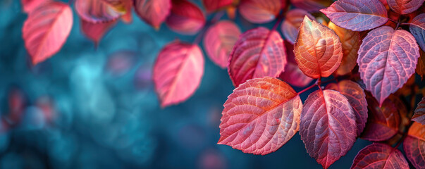 Close-up of vivid red leaves with a blurred blue bokeh background, highlighting the detailed textures and vibrant colors.