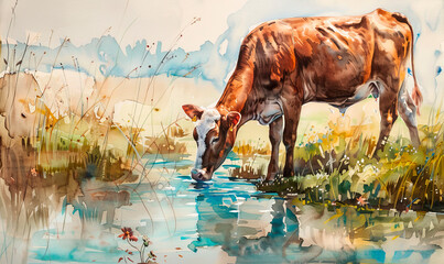 watercolor, cow drinking water from the river in meadow
