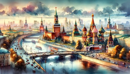 Obraz premium watercolor painting featuring significant landmarks of Moscow, Russia, including St. Basil's Cathedral, the Kremlin, Red Square, and the Bolshoi Theatre.