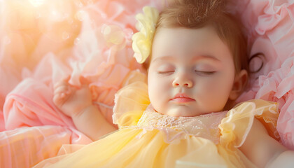 Fototapeta premium Cute baby girl wearing yellow dress sleeping portrait - ai generative
