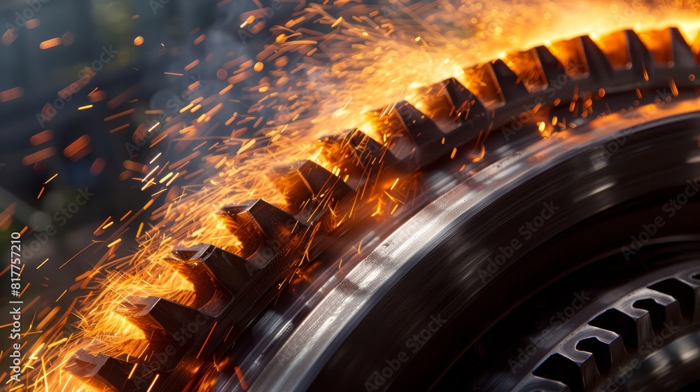 Poster macro shot of gears in sync with sparks flying, blurred background with space for text