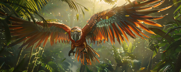 Capture majestic, robotic birds soaring over lush, vibrant jungles with intricate metallic feathers catching sunlight, showcasing the wild from above