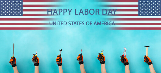 Craftsman or handyman with different tools in the hand, labor day, american flag, craft and...