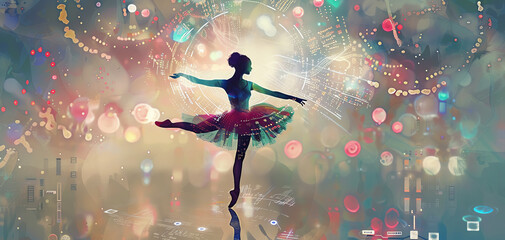 Craft a digital watercolor artwork showcasing a symphony of circuits and tutus as a robotic ballerina leaps across a futuristic stage Blend the ethereal qualities of watercolors wi