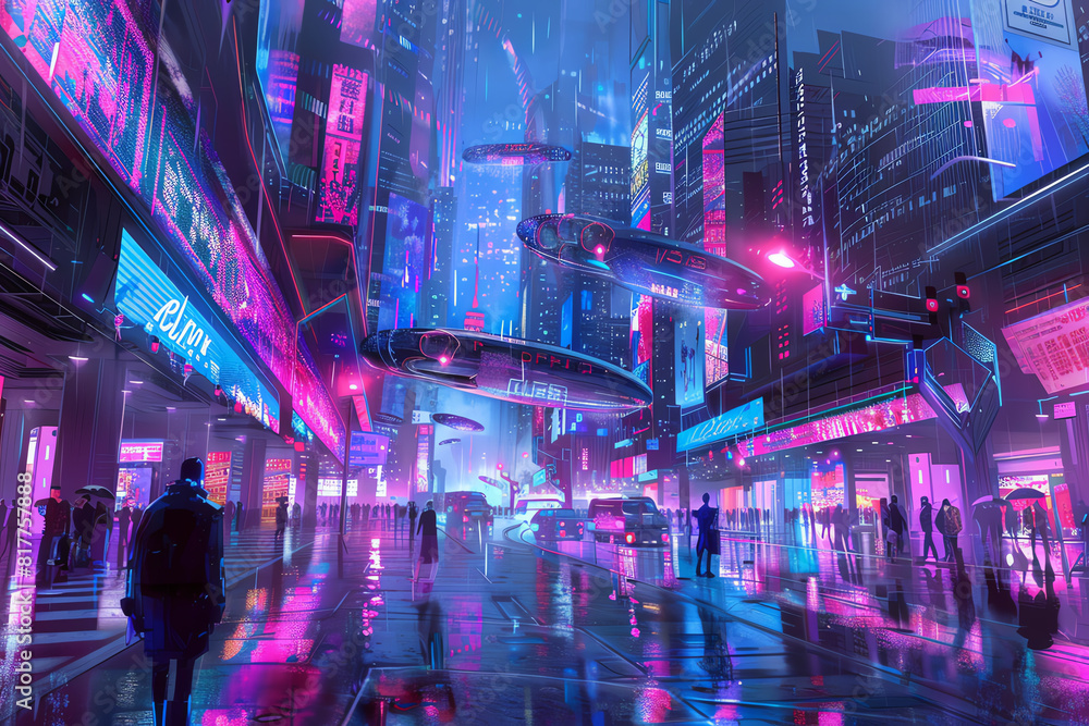 Poster illustrate a side view of a futuristic cityscape within a virtual reality world show sleek holograph